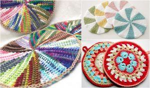 Crocheted pot holders featuring colorful spiral and floral patterns, perfect as circular dishcloths.