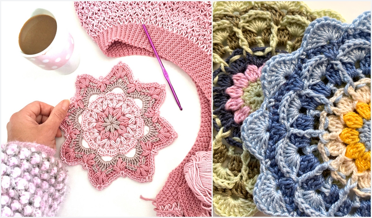 A hand holding a pink crocheted doily next to a steaming cup of coffee, yarn, and a crochet hook. The scene exudes cozy creativity, while another image showcases two vibrant crochet mandala-inspired doilies in an array of colors.