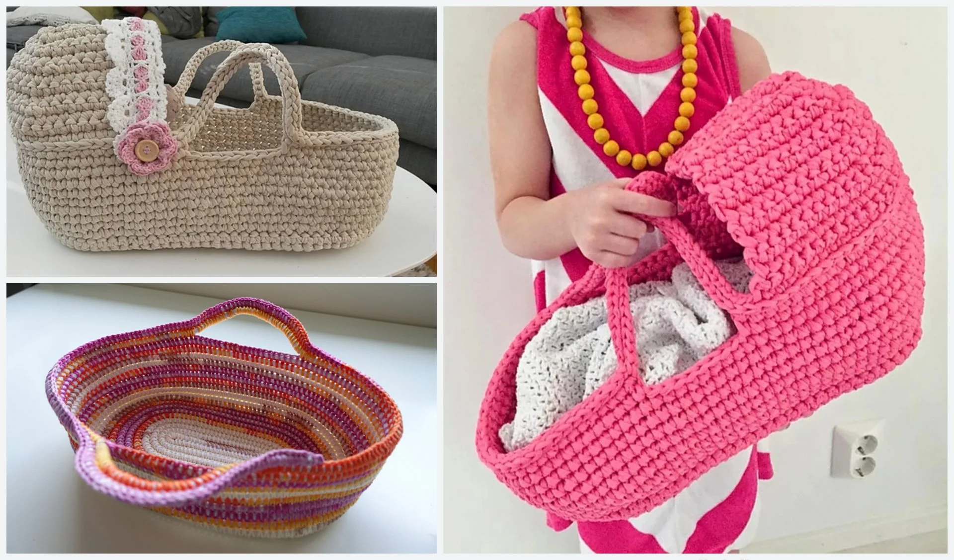 Three crochet baskets are displayed: a beige basket with a lace and flower design, a multicolored oval basket, and a child holding a pink and white doll's carry basket.