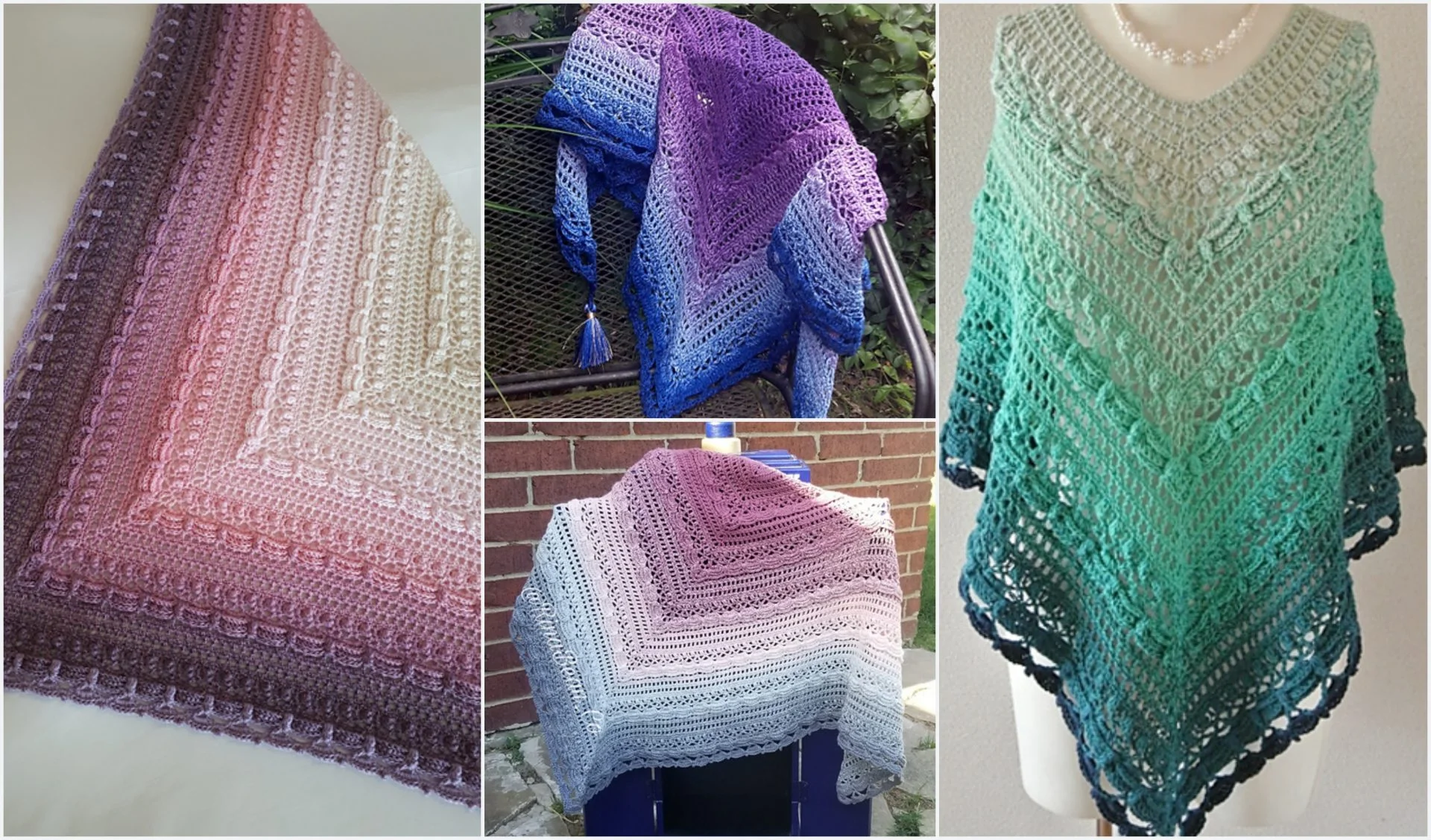 A collage of four crochet shawls, including the enchanting Lost in Time Shawl, showcases gradients of pink, purple, blue, and green. Each piece features a distinct pattern and texture against diverse backgrounds.