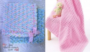 Two crocheted baby blankets: one is a ripple blanket in vibrant colors with a pink bow, and the other is pink with a charming stuffed toy on top, both draped gracefully over a chair.