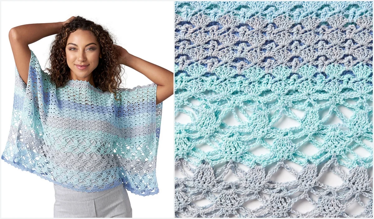 A woman wearing a blue and gray crocheted poncho showcases the intricate design of the crochet top with a detailed close-up of the fabric.