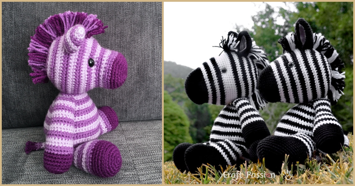 Amigurumi zebra toys: one purple-striped zebra on a couch, and two black-striped zebras outdoors, crafted with a delightful crochet pattern.