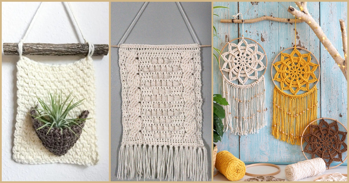 Three macramé wall hangings: a stylish crochet wall hanger with a plant holder, another adorned with intricate knots, and two dreamcatchers featuring elegant tassels.