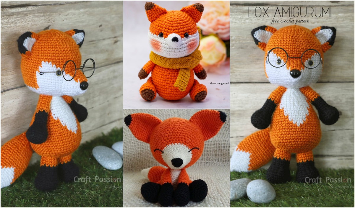 A collage of three amigurumi foxes, crocheted with orange, black, and white details. One fox wears glasses, another has a scarf, and the third has its eyes closed.