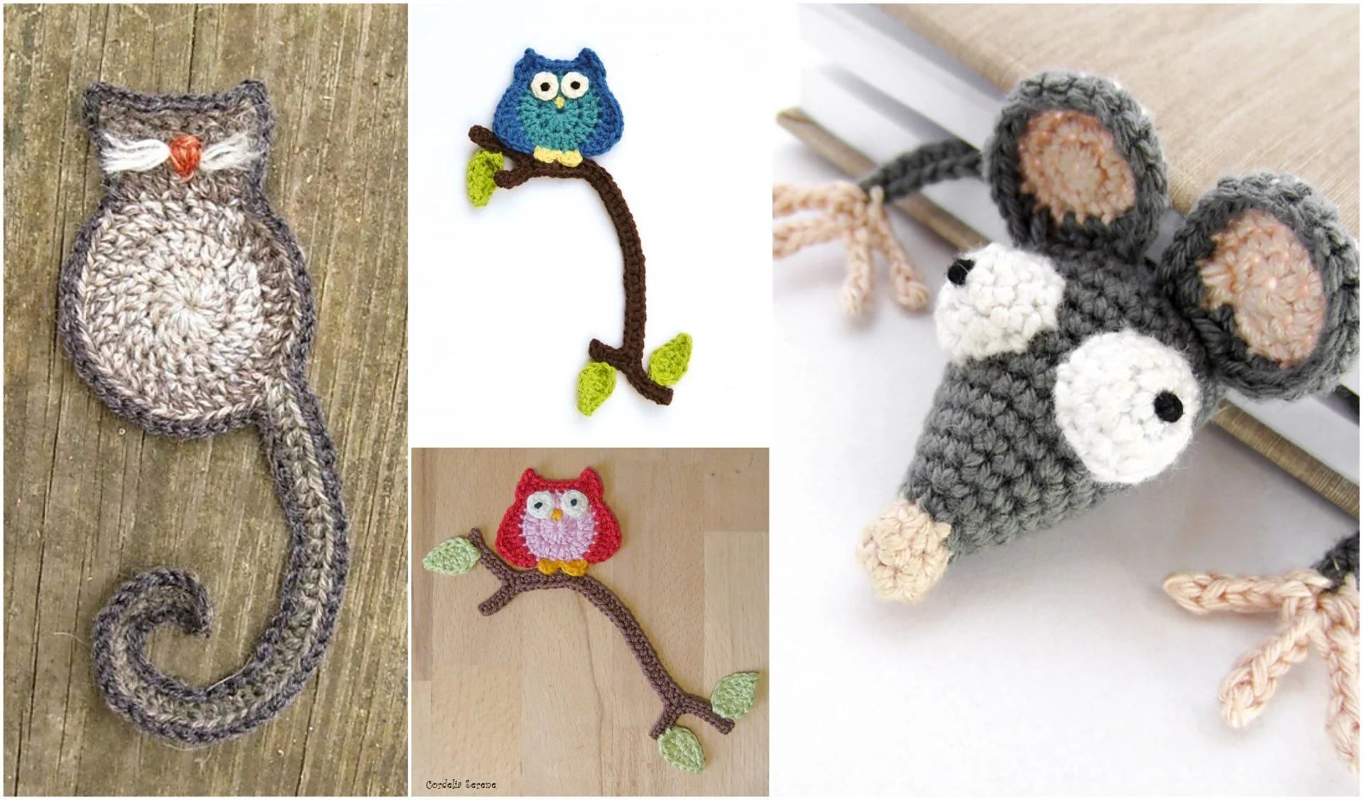 On display, you'll find crocheted animal motifs that double as charming bookmarks, featuring a cat, a rat, and two colorful birds perched on branches.