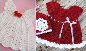 Two delightful crochet baby dresses: one white adorned with a red bow, the other in vibrant red with exquisite white trim and a matching hat, all elegantly arranged on a wooden surface.
