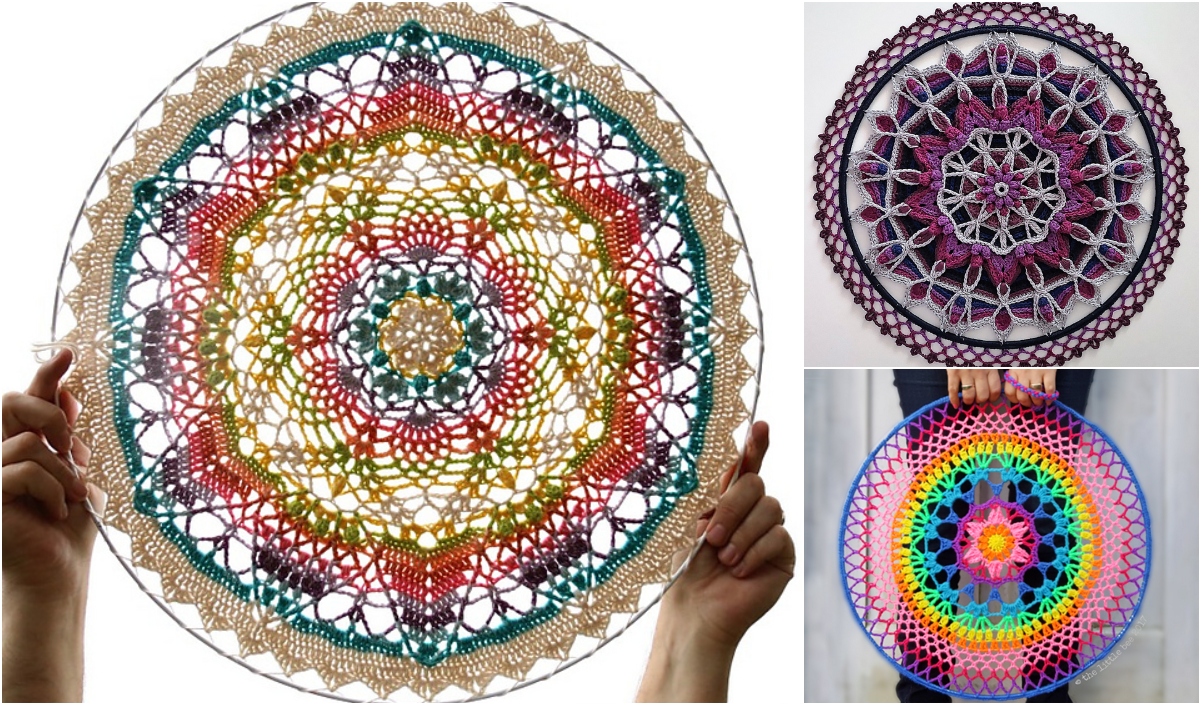 Three intricate crochet mandalas in various colors, each boasting unique patterns. The largest crochet mandala is held up, with two displayed beside it.