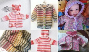 A collage of crochet baby cardigans and hoodies in striped patterns and various colors. One image features a baby wearing a hoodie cardigan, surrounded by shoes and toys.
