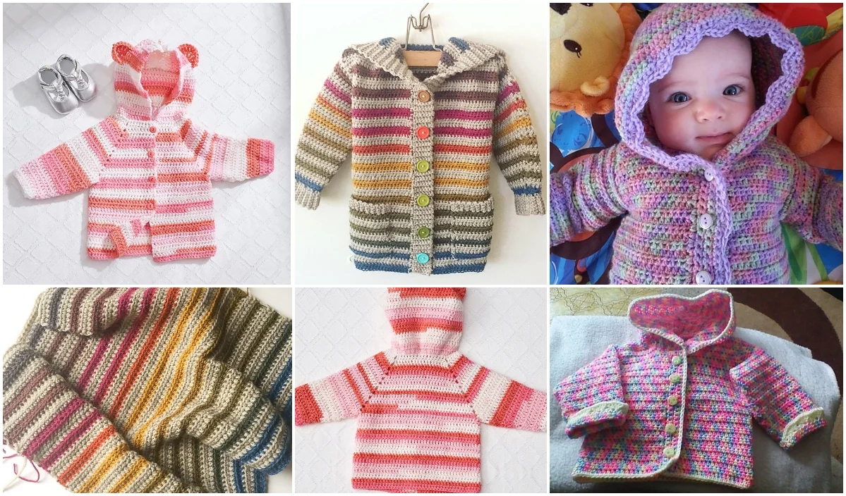 A collage of crochet baby cardigans and hoodies in striped patterns and various colors. One image features a baby wearing a hoodie cardigan, surrounded by shoes and toys.