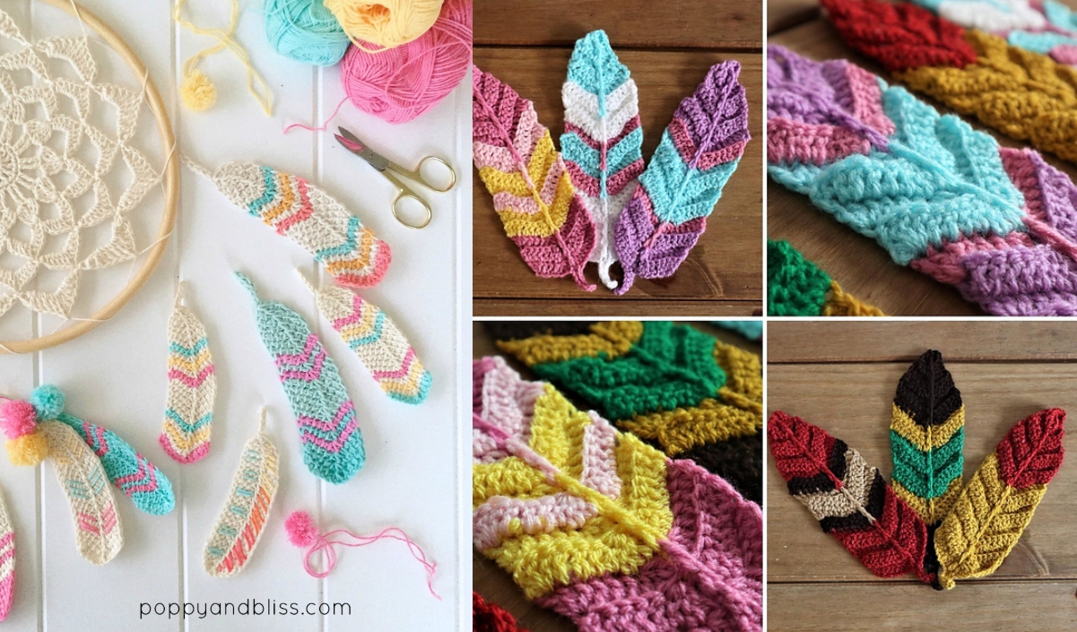 Crochet feathers in a medley of colors are artfully arranged on a wooden surface, surrounded by yarn balls, scissors, and a crochet hook.