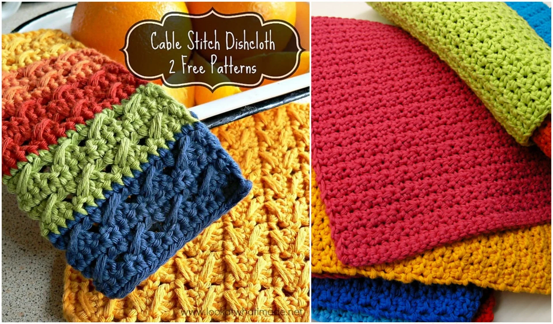 Explore vibrant crochet dishcloths featuring intricate patterns, all showcased beneath a charming sign that reads "Cable Stitch Dishcloth 2 Free Patterns.