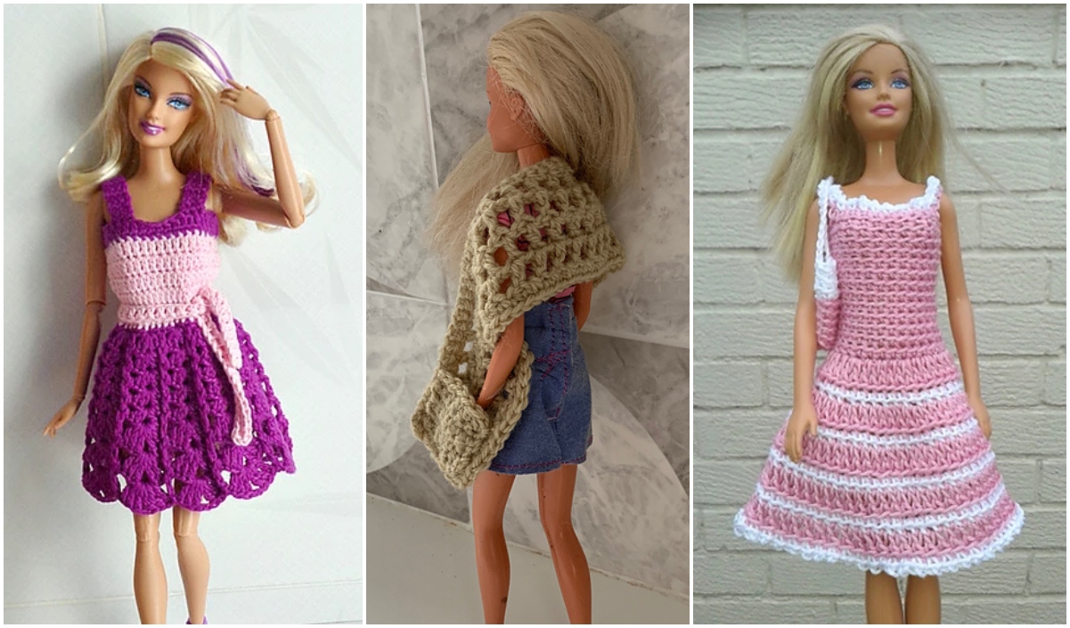 Three fashion dolls adorned in crocheted dresses and shawls with pink and purple tones are displayed against various backgrounds.