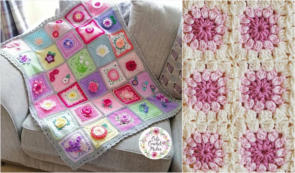 A vibrant crochet flower blanket featuring floral and geometric patterns is elegantly draped over a sofa. A close-up reveals pink flower details with a beautifully textured design.