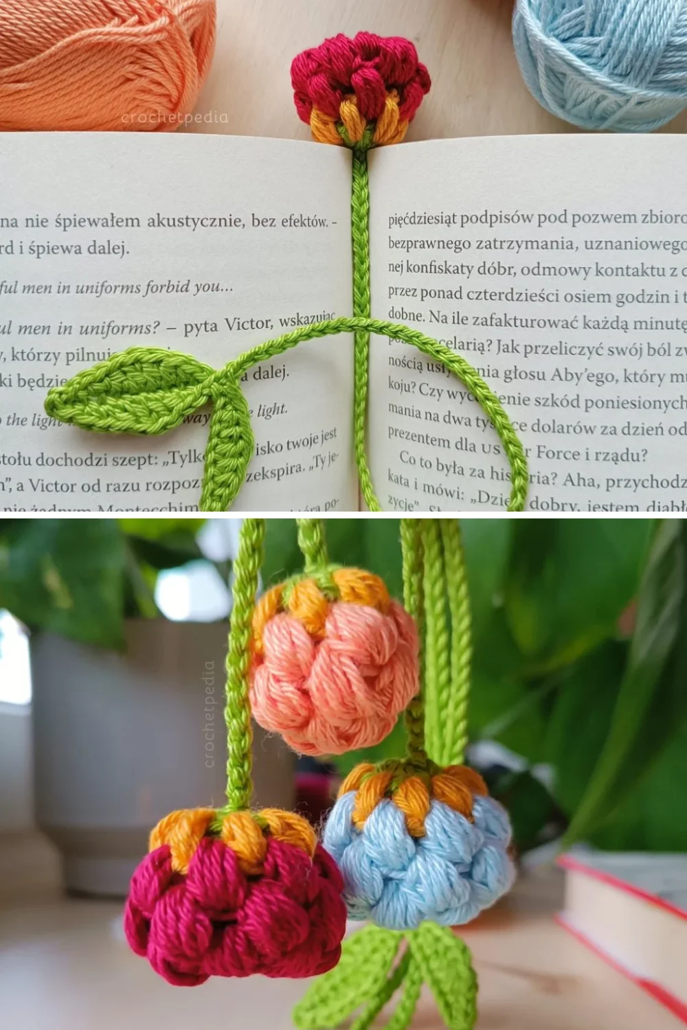 crochet puff flower with a long stem and a pair of leaves inside the book