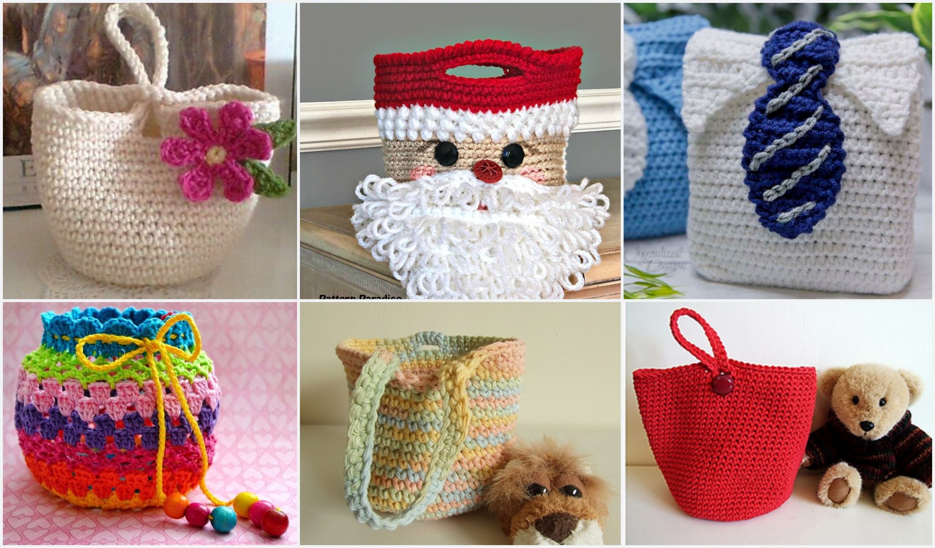 A collage of six crocheted bags: a white with a pink flower, Santa-themed gift bag, tie-decorated, rainbow-striped, pastel-striped, and a red bag beside a teddy bear.