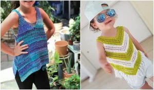Two children are outside, showcasing vibrant crocheted tank tops: one in blue and green, perfect as a chic tank top for a girl, while the other flaunts yellow and white with playful fringe.