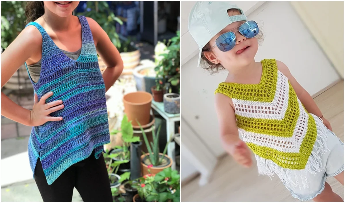 Two children are outside, showcasing vibrant crocheted tank tops: one in blue and green, perfect as a chic tank top for a girl, while the other flaunts yellow and white with playful fringe.