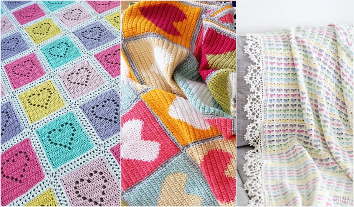 Three cozy crochet blankets: a heart blanket with pastel-colored squares, another featuring large colorful hearts on stripes, and a third with a subtle striped pattern adorned with lace trim.