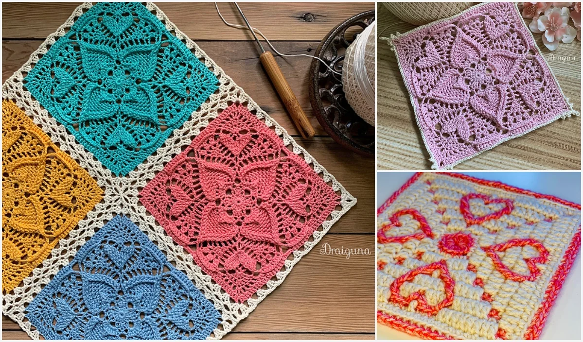 Crochet squares with intricate Feather and Fan Stitch patterns in teal, coral, yellow, pink, and multicolors are beautifully displayed on a wooden surface.