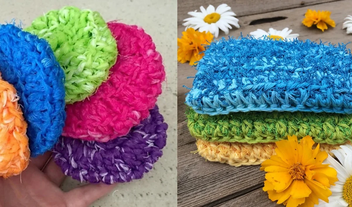 Colorful crochet kitchen scrubbies are showcased. On the left, round scrubbies are neatly stacked; on the right, rectangular ones sit elegantly on a wooden surface adorned with flowers.