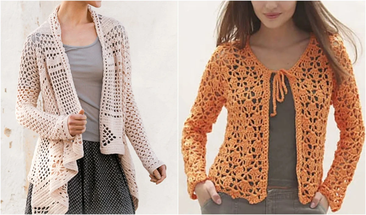 Two women don crocheted cardigans: a light beige with an asymmetrical hem and a lacy top cardigan in vibrant orange featuring a playful tie-front. Both are stylishly layered over simple gray tops.