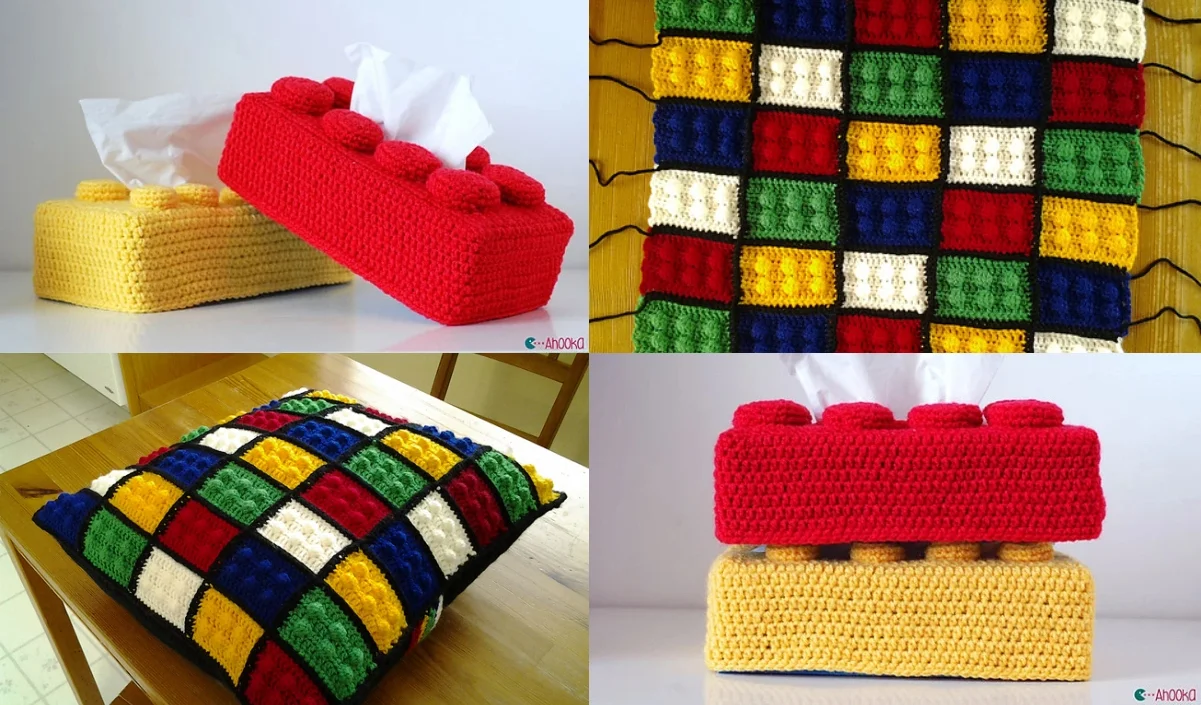 Crocheted items: two tissue box covers shaped like crochet Lego blocks, a multicolored square wall hanging, and a pillow with a similar geometric pattern.