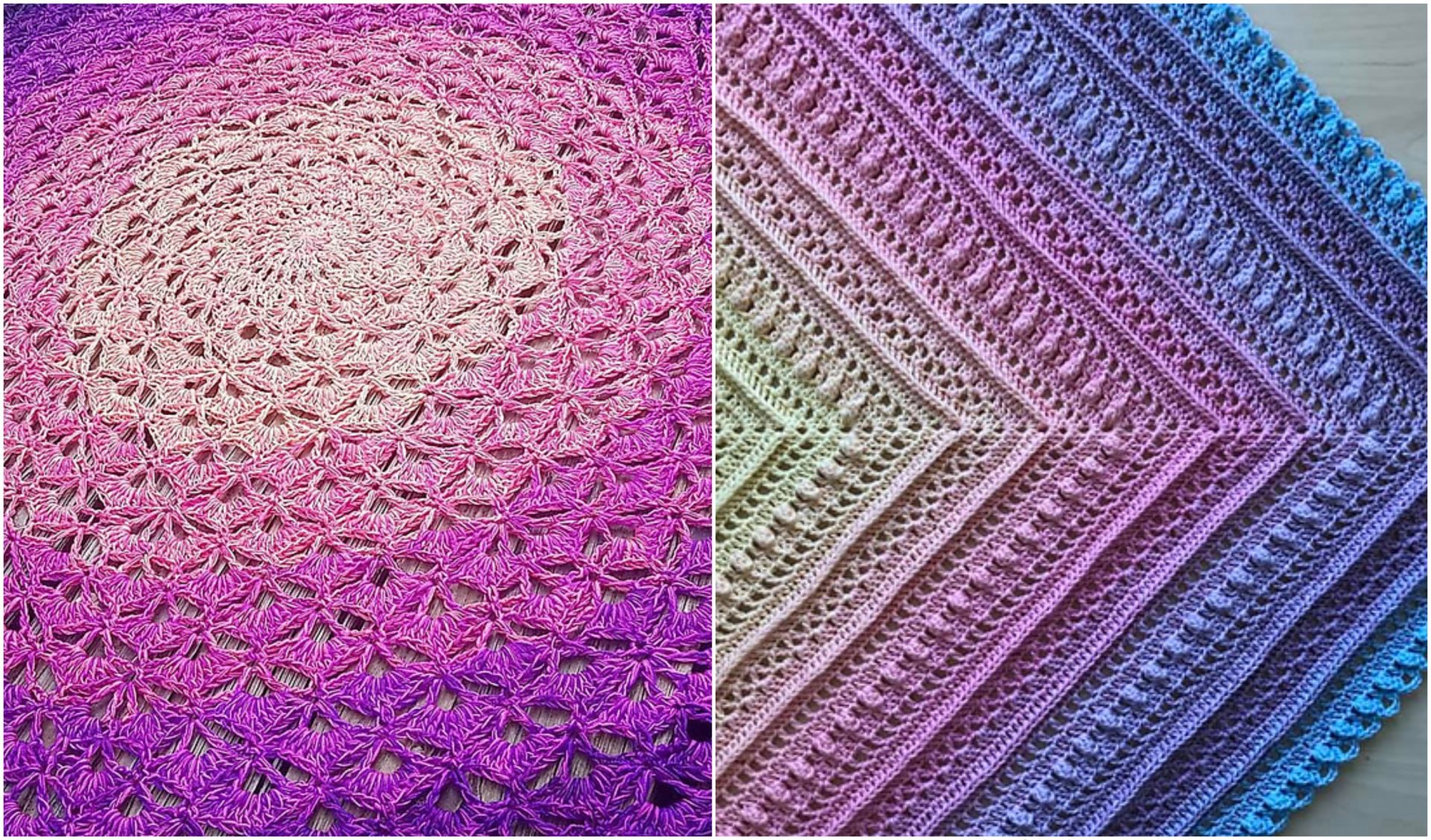 Two crochet patterns showcase gradient yarn. The left, resembling an ombre baby blanket, displays a circular floral motif in shades of pink and purple. The right features a square design with stripes in pink, purple, and blue hues.