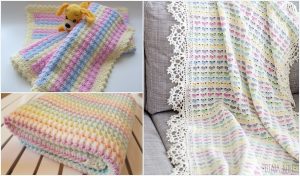 Pastel baby blankets in soothing colors. One comes with a charming toy, another is neatly folded on a wooden surface, and the third features delicate lace edges elegantly draped over a gray couch.