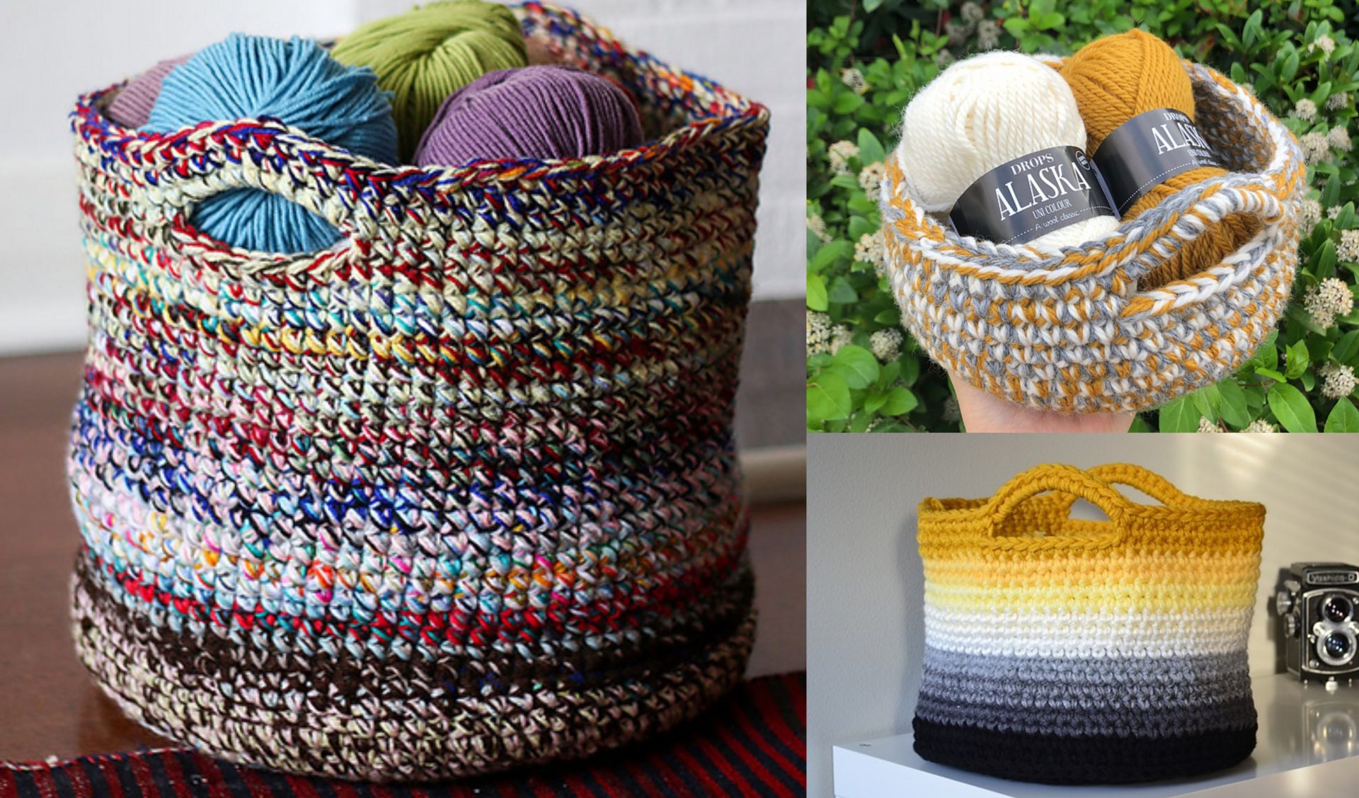 Three scrap yarn baskets of various colors: one large multicolor, a small with cream and mustard yarn, and a gradient basket from yellow to white.