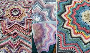 Collage of colorful crochet blankets featuring intricate star-shaped and ripple patterns in various pastel and bold shades.