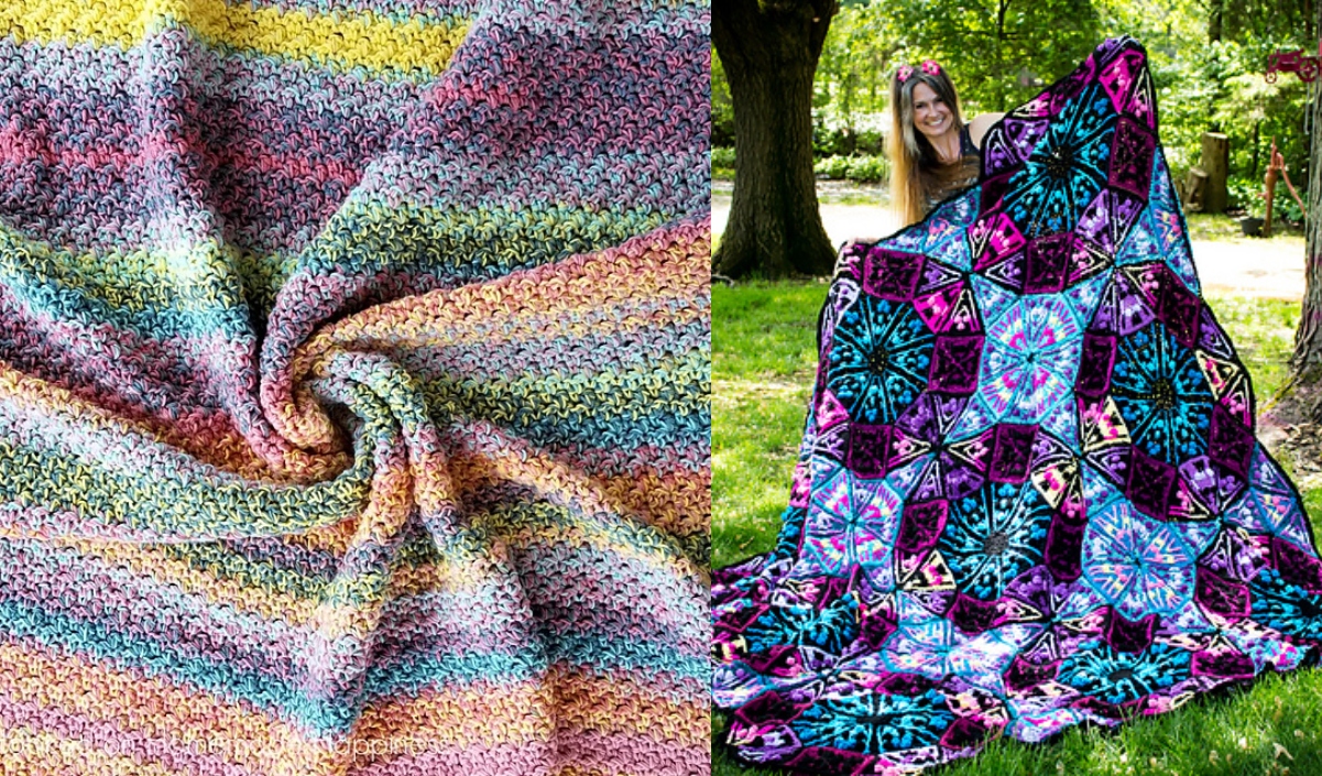 A vibrant Color Kaleidoscope Blanket on the right, showcasing a geometric pattern in the hands of a person, contrasts beautifully with the colorful striped crochet blanket on the left, creating an eye-catching display outdoors.