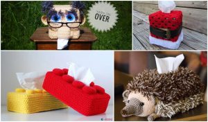 Four crochet tissue box covers: a distinguished man with glasses, a festive Santa-themed design, vibrant red and yellow bricks, and an adorable hedgehog.