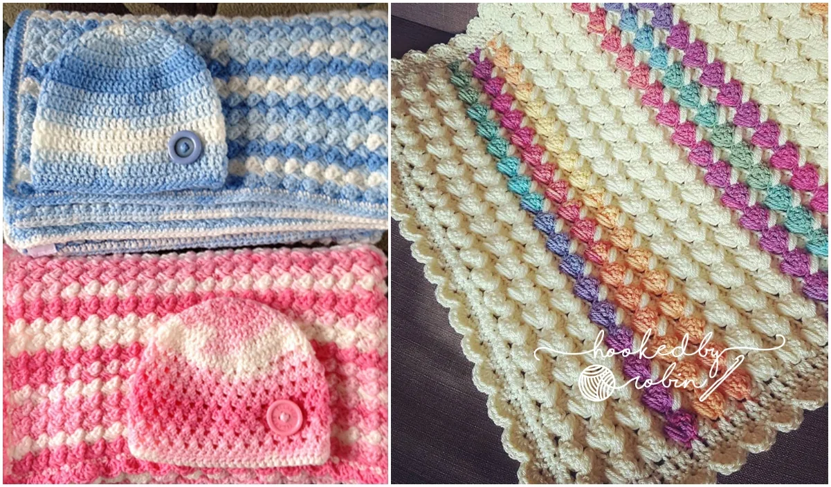 Explore our delightful baby blankets and crocheted hats in blue, pink, and multicolored patterns. Each item features charming button details on the hats and offers cozy comfort for your little one.