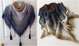 Two elegant knitted shawls with gradient patterns hang against a white background. The left shawl, boasting blue to brown hues and tassels, exudes charm, while the right shawl displays a similar color gradient without tassels.