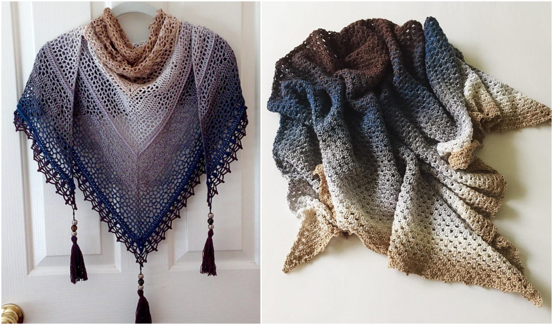 Two elegant knitted shawls with gradient patterns hang against a white background. The left shawl, boasting blue to brown hues and tassels, exudes charm, while the right shawl displays a similar color gradient without tassels.