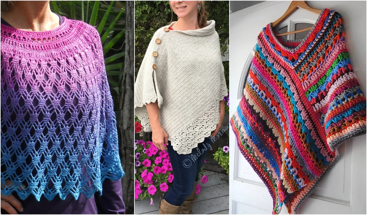 Three distinctive crochet ponchos: a purple-to-blue gradient design, a cream knit with elegant side buttons, and a vibrant striped pattern, each worn with flair.