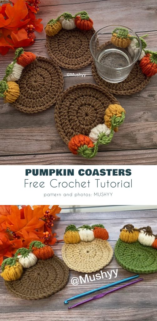 Crocheted coasters with small, colorful pumpkins on the edge, displayed with a glass and crochet tools on a wooden surfaceโperfect inspiration from magazine@yourcrochet.com.