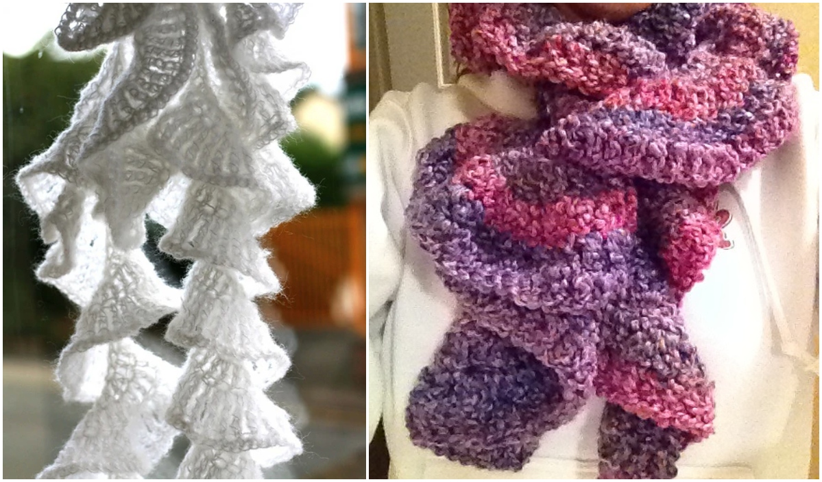 A white crocheted spiral scarf and a person wearing a multicolored purple and pink ruffle scarf.