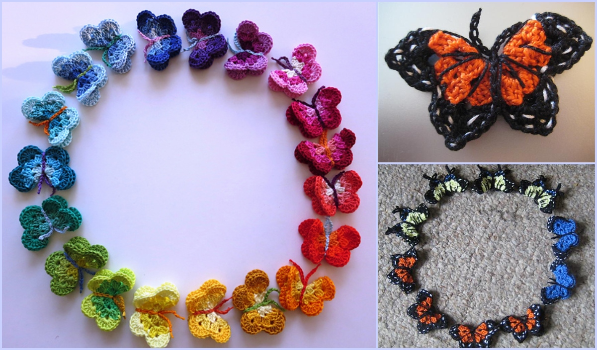 A circular arrangement of crochet butterflies showcases a stunning rainbow gradient, complemented by two smaller images of butterfly crochet pieces in vibrant orange and black.