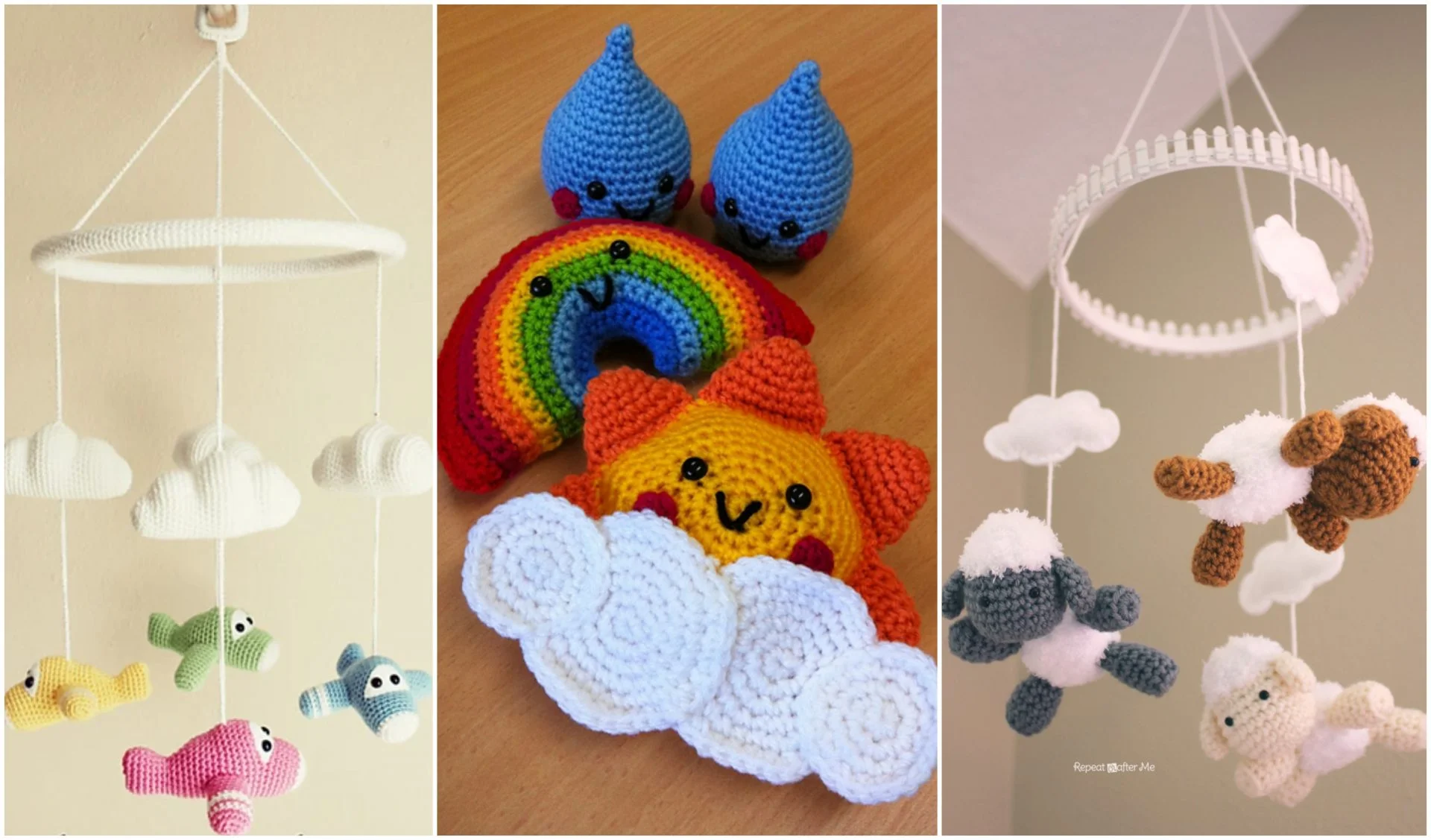 Three images of adorable crocheted baby mobiles: the left features clouds and fish, the center showcases a smiling sun with raindrops, and the right displays fluffy clouds with cute sheep.