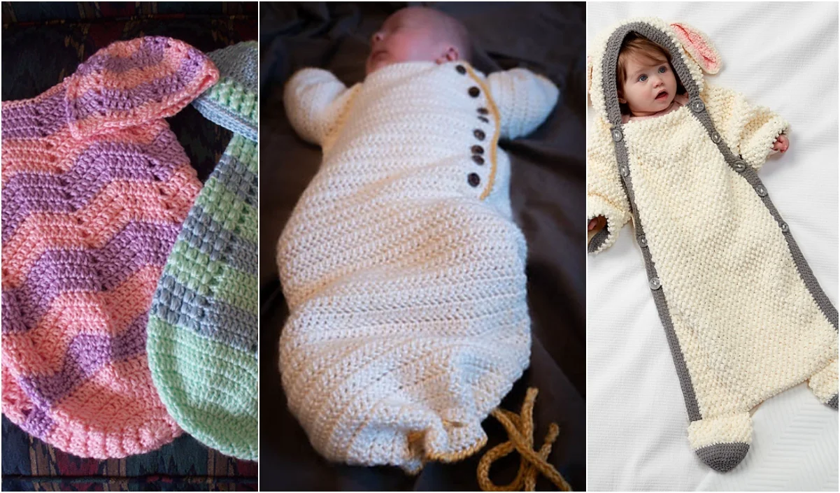 Three crocheted baby treasures: a mermaid tail blanket, a cocoon-style swaddle with buttons, and a lamb-themed sleeping sack complete with hood, ears, and paws.