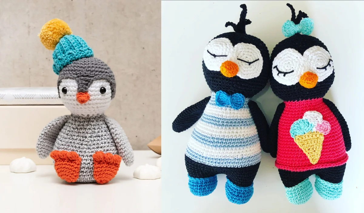 Three amigurumi penguin toys: one grey with orange feet and a blue hat; two black with striped and ice cream outfits, eyes closed.