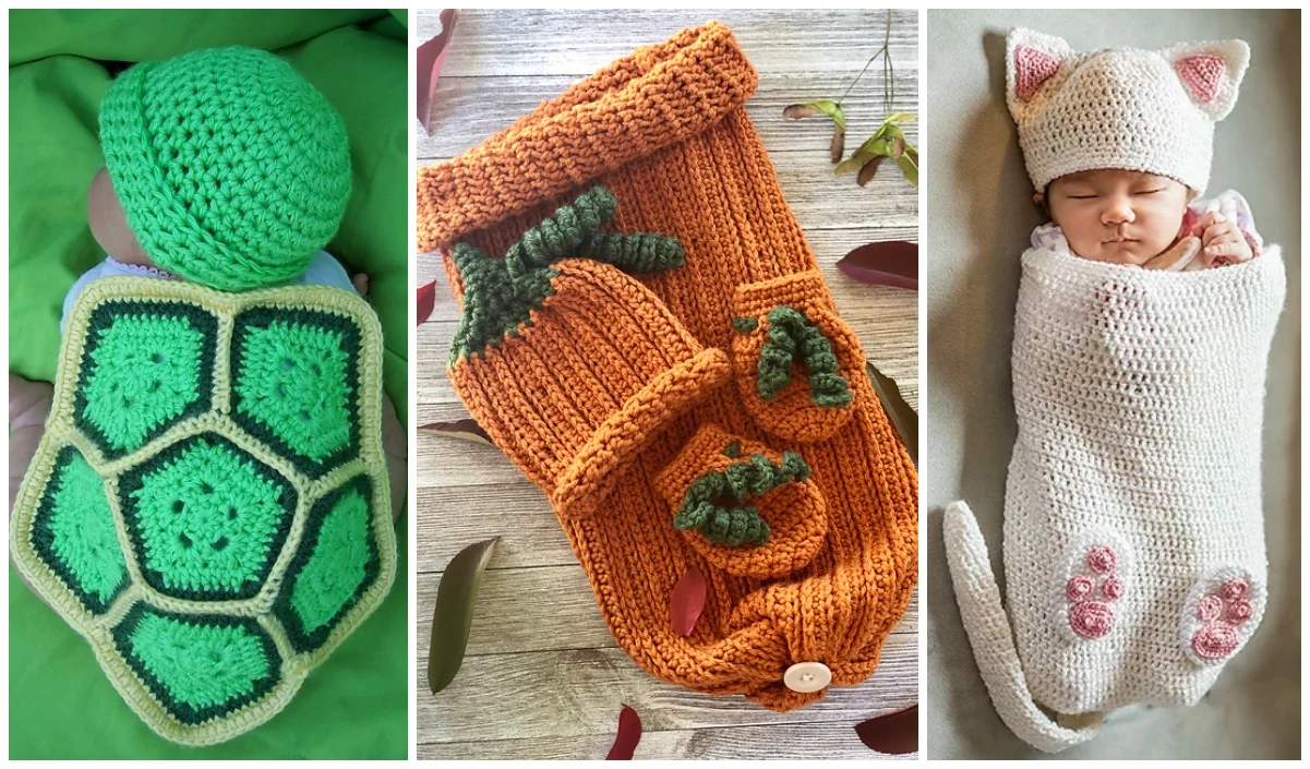 Three babies dressed in an adorable baby set feature crocheted outfits: one with a turtle shell, another in a carrot-themed sack, and the last in a charming cat costume complete with ears and paw details.