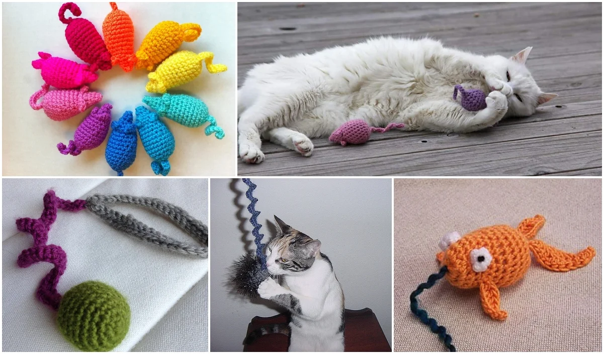 Various images showcase cats joyfully playing with colorful crocheted cat toys, highlighting a close-up of different toy designs.