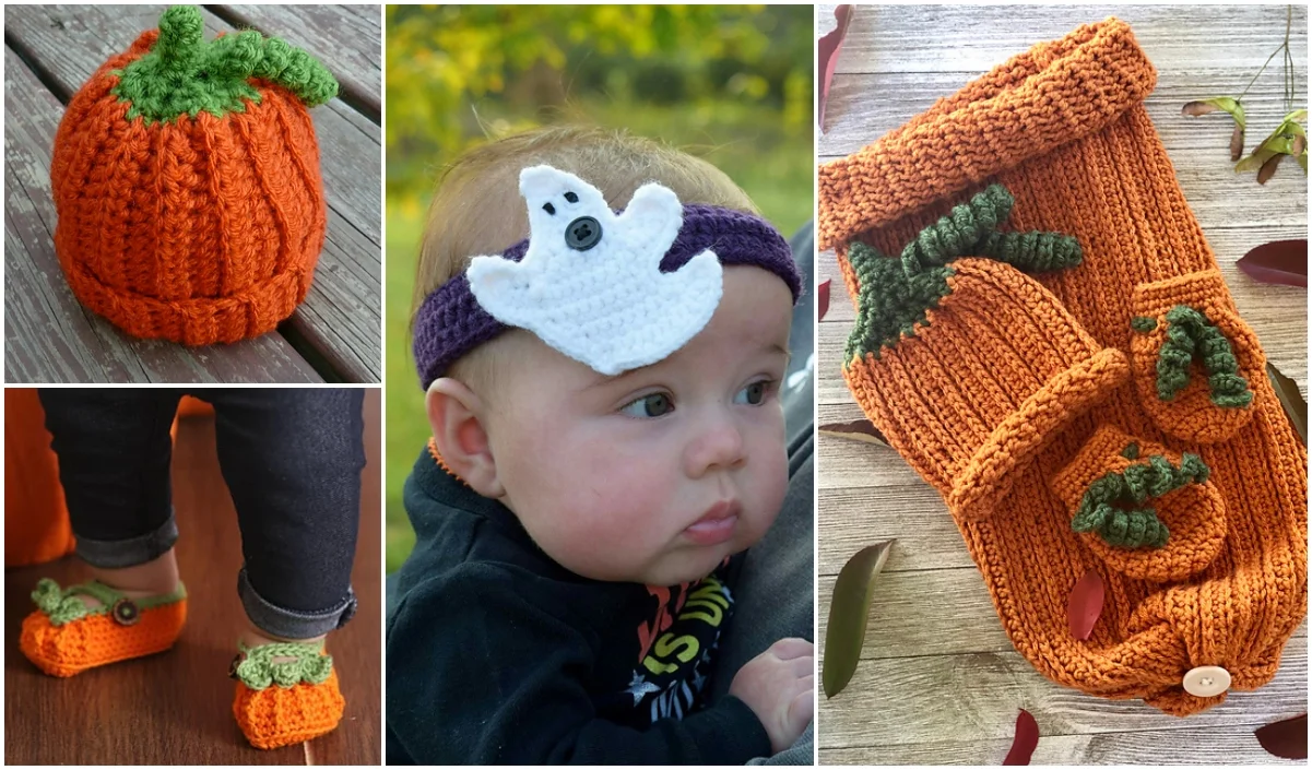 Collage of fall-themed baby Halloween crochet items, featuring a pumpkin hat, ghost headband, pumpkin booties, and a pumpkin-themed outfit.