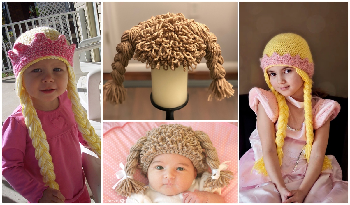 Four children wearing eclectic knit hats styled like hair, including yellow and brown braids, showcase a fun collection alongside an extra brown wig-style knit cap displayed on a stand.