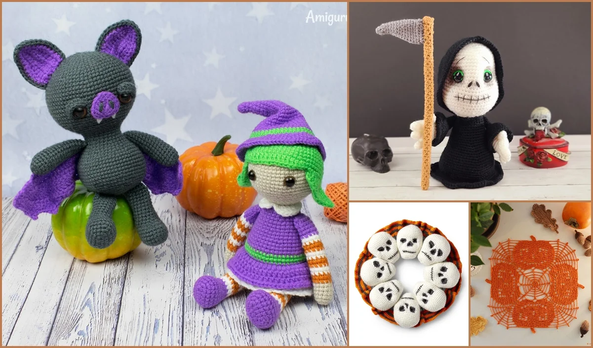 Crocheted Halloween-themed dolls and crafts make perfect Halloween decorations, featuring a bat, witch, reaper, skulls, and a decorative orange web displayed with small pumpkins and skulls.