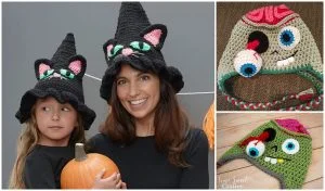 A woman and child wear crocheted Halloween hats styled as black cats, while the child clutches a pumpkin. To their right, two additional hats are displayed, featuring whimsical monster faces.