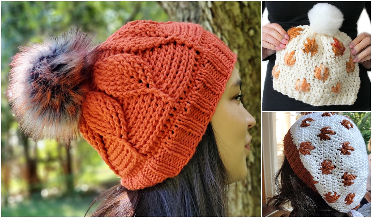 Knitted hats with pom-poms and leaf designs: one orange, two white adorned with leaves. The different knit patterns evoke a cozy charm that's as heartwarming as a little puppy.